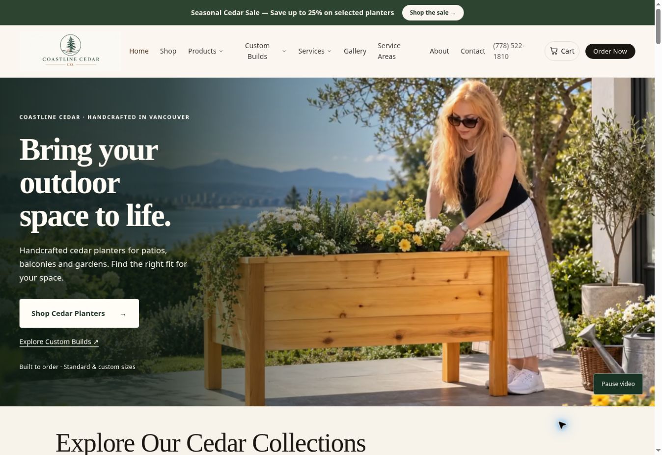 Coastline Cedar Shopify storefront featuring cedar planters